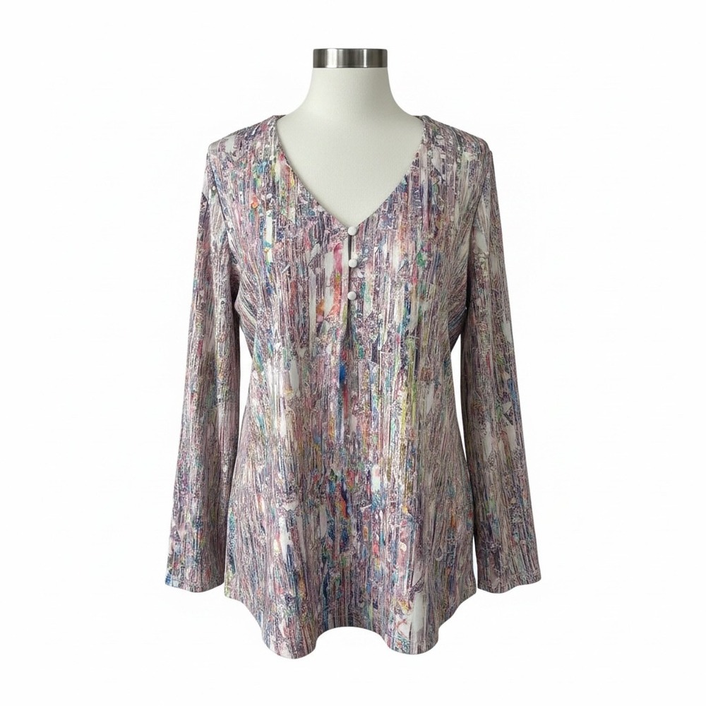 ZOLUCKY XXL Abstract Watercolor Print Long Sleeve Tunic Top V-Neck Boho EUC